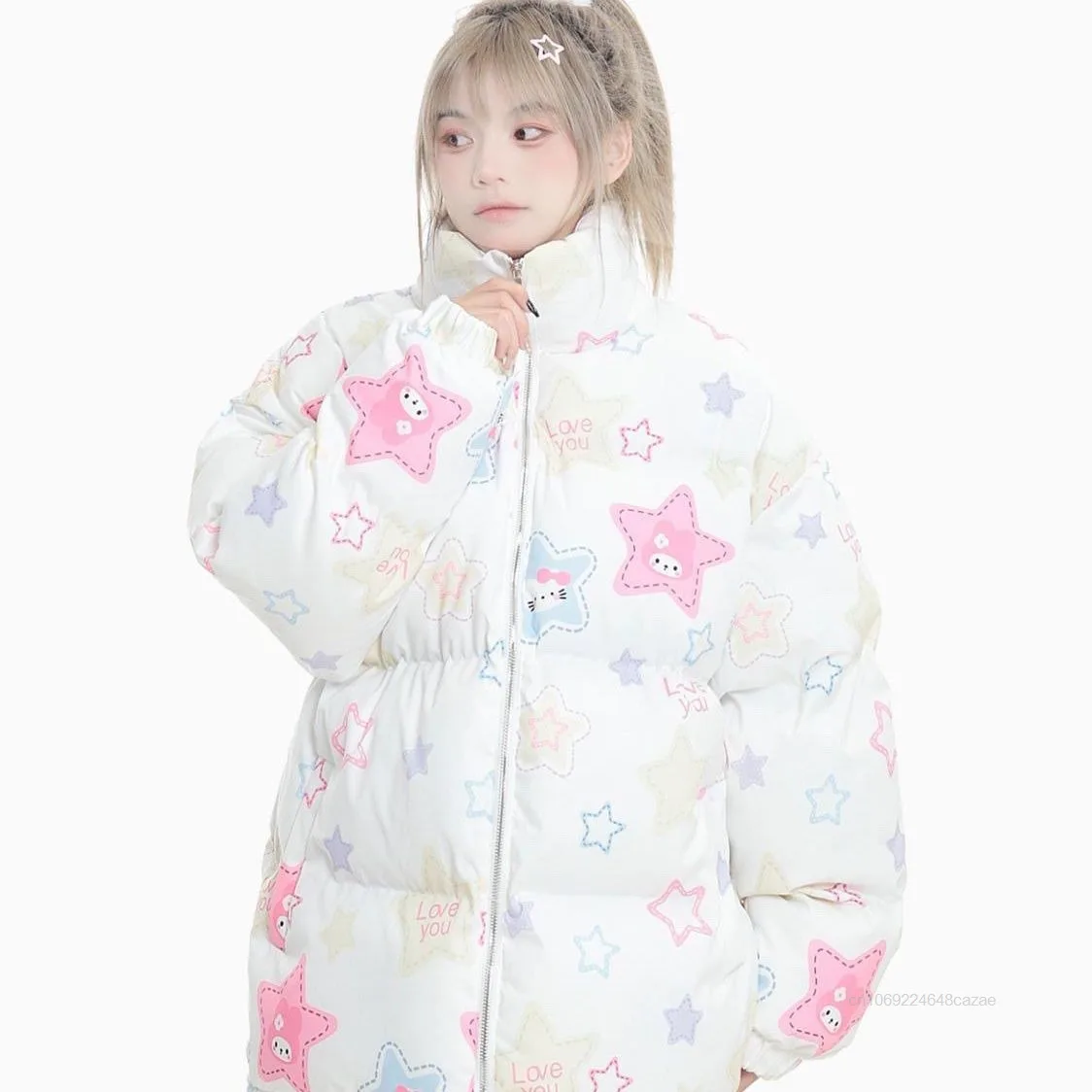 Sanrio jaket katun wanita, mantel katun Hello Kitty lucu, jaket katun longgar gaya Jepang, mantel ritsleting kerah tebal hangat baru musim dingin