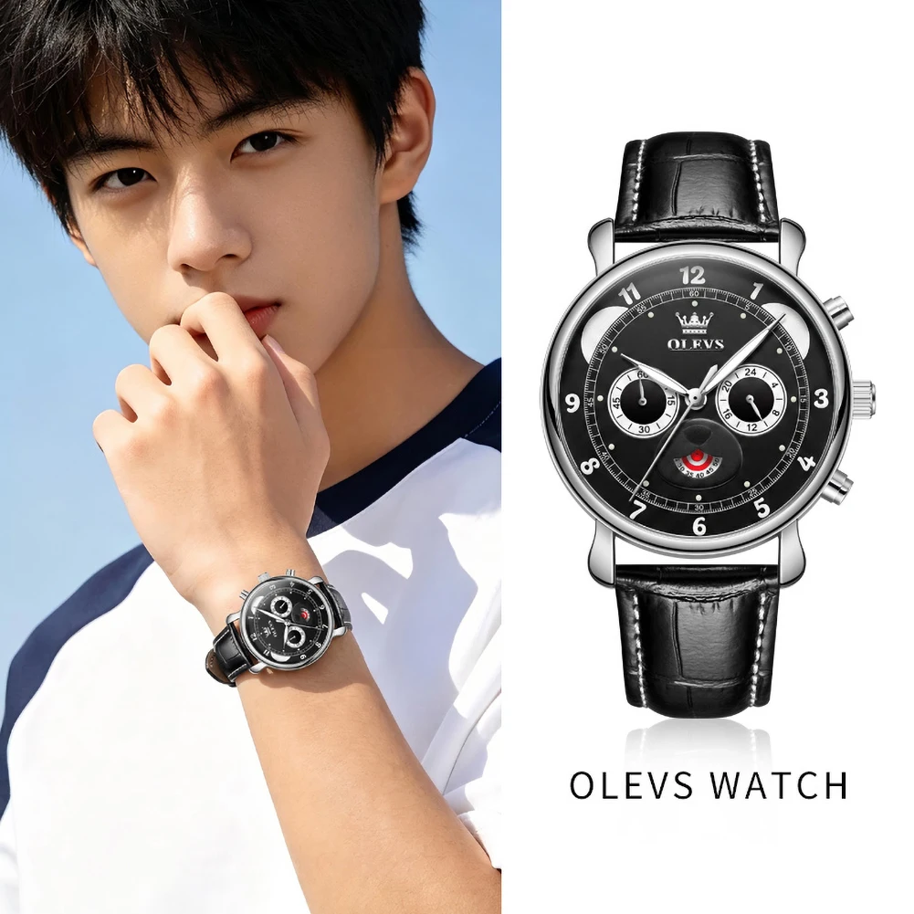 OLEVS 3753 Men Quartz Chronograph Watch Panda Dial Genuine Leather Strap Waterproof Male Sports Wristwatch Reloj Hombre Montre