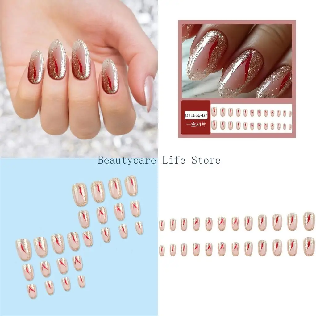 652C 24x/Box Autumn Winter False Almond Shaped Press On Sparkling Full Cover on Manicures Supplies