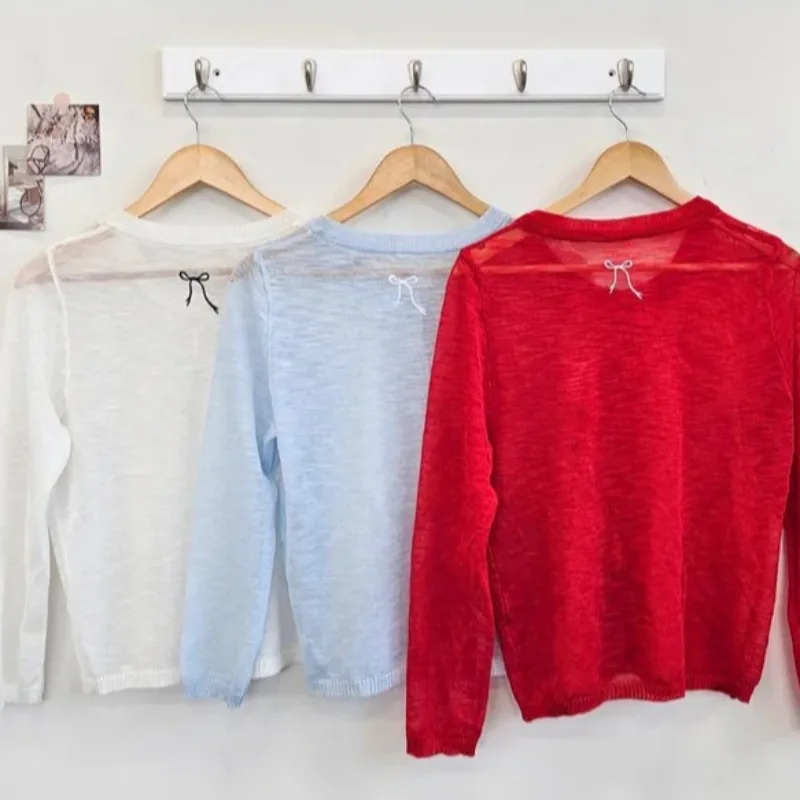 Chic Early Autumn Thin Knitted Sweater Women's Simple Sle Embroidered  Long Sve Sun Protection Open Cardigan ro...