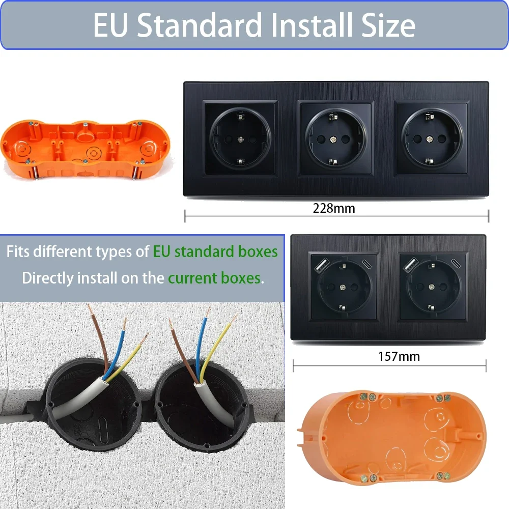 Wallpad EU Russian Standard Wall Light Switch Electrical Socket Schuko 20W Type C USB Charge Port Black Brushed Panel Q7 Series