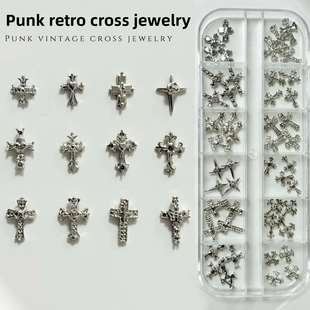 Punk Style Metal Nail Charms Retro Silver Crystal Cross Stars Nail Charms for DIY Nail Art Manicure Design Decorations Supplies