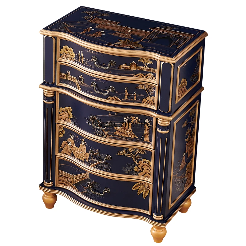 

-*French royal blue solid wood painted bedroom storage five buckets drawer cabinet new Chinese sofa decorative vertical cabinet