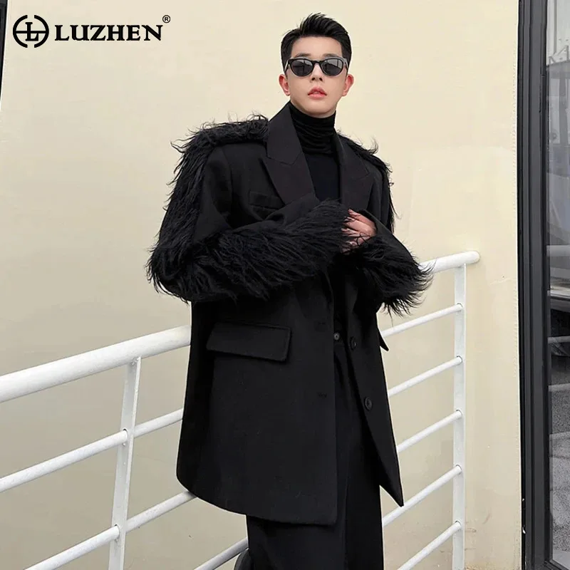 LUZHEN Fashion Feather Splicing Design Blazer Coat Men\'s Elegant Street Loose Stylish Shoulder Pad Original Korean Jacket LZ1892