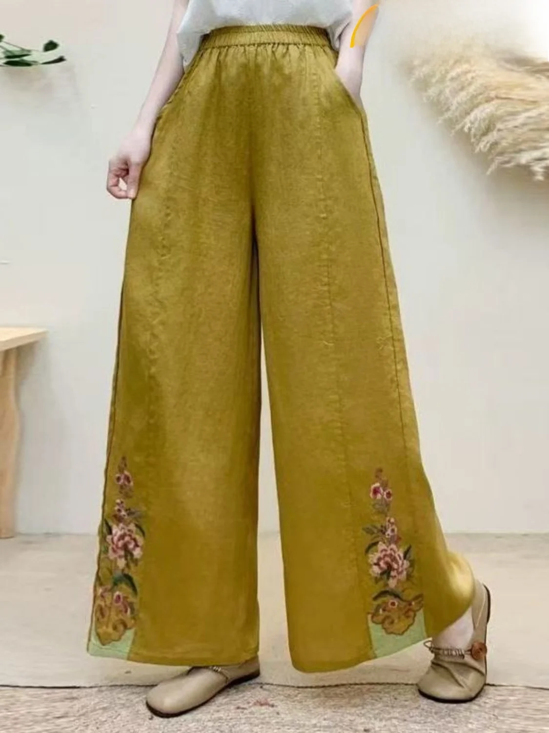 

Новые летние женские брюки с высокой талией, широкими штанинами, из хлопка и льна, с вышивкой, свободные, удобные, в этническом стиле, длиной 7/8