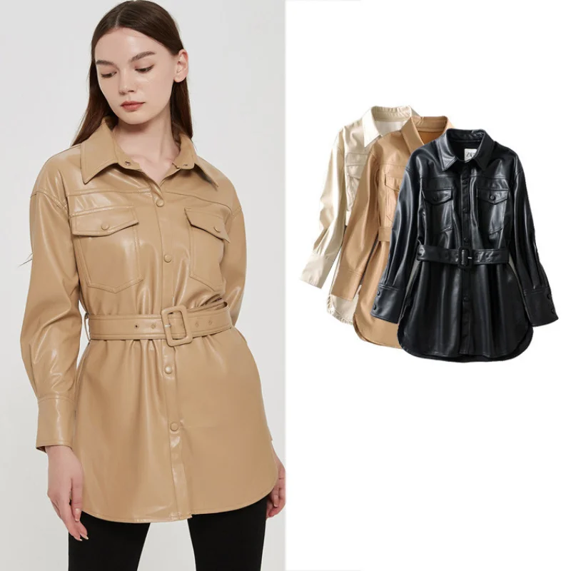 

Women's Front Faux PU Leather Jacket Vintage Casual Long Sleeve Lapel Button Up Moto Blazer Biker Trench Coat Outerwear Women