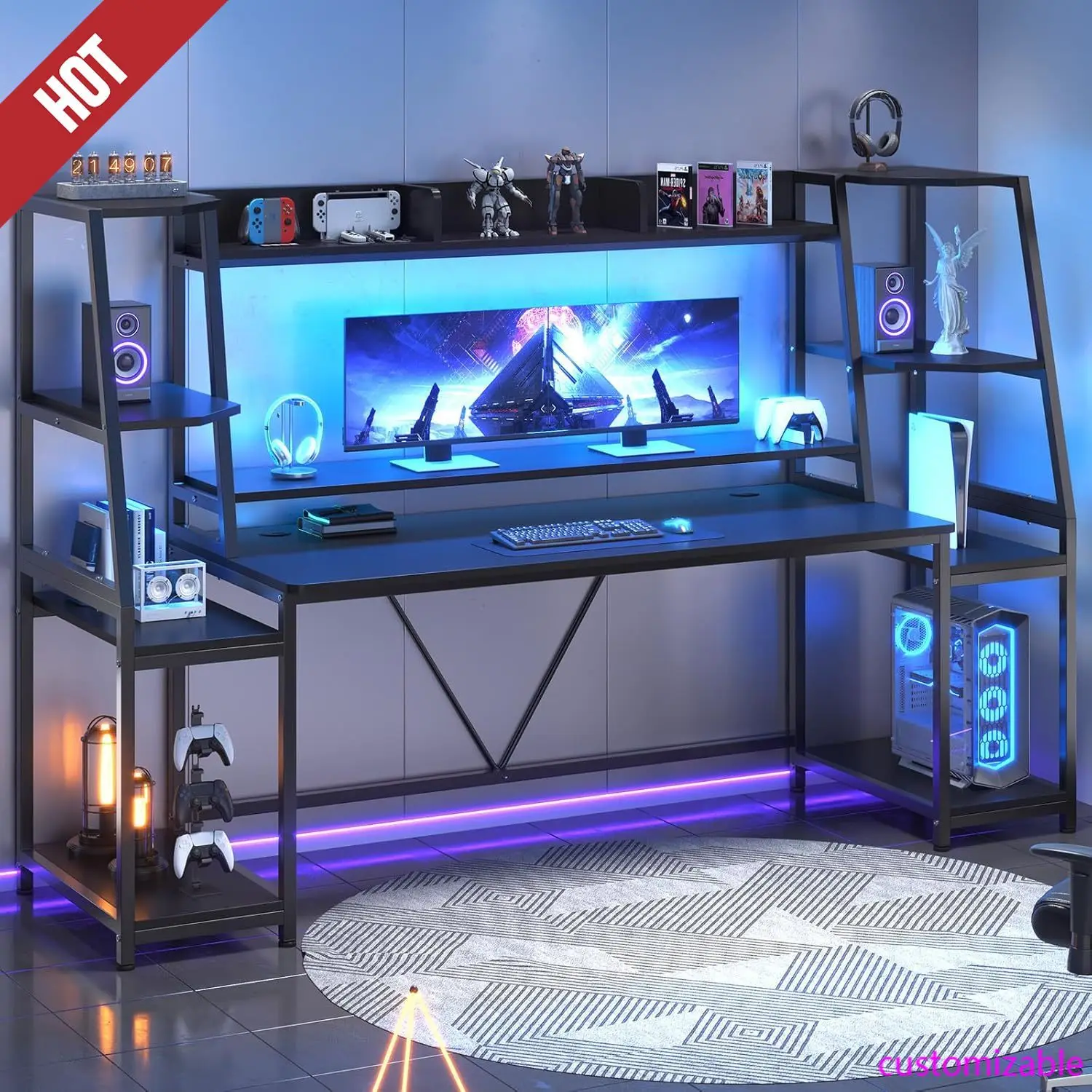 مكتب ألعاب 78.8 بوصة مع أضواء LED، طاولة ألعاب مريحة لغرفة النوم وغرفة المعيشة، أسود