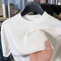 100% cotton fashion knitted short sleeve T-shirt men's high-end summer new solid color casual breathable round neck trend top