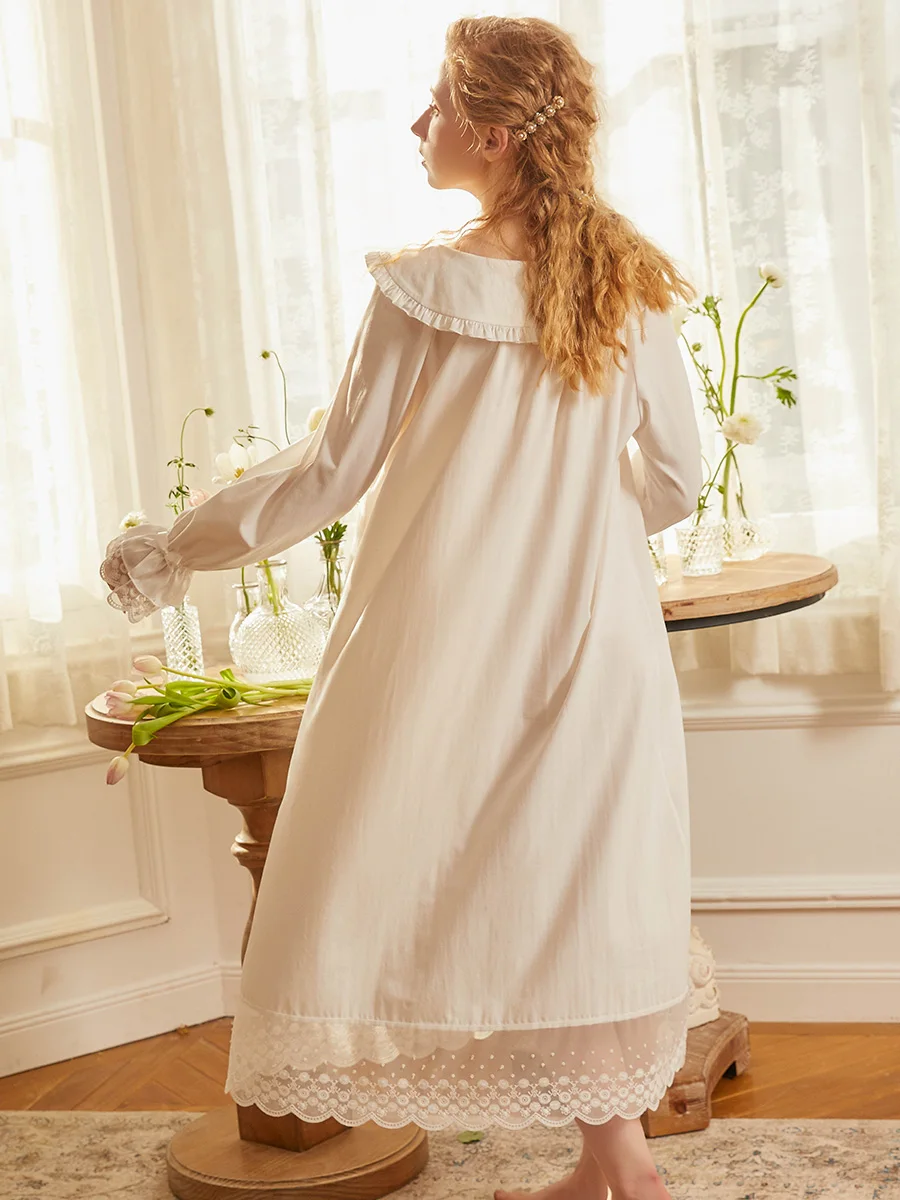 Nightgown Sleepwear Long Dress Cotton Nightgown Women  Long Sleeve Sleep Wear Lady Simple Retro Night Gown