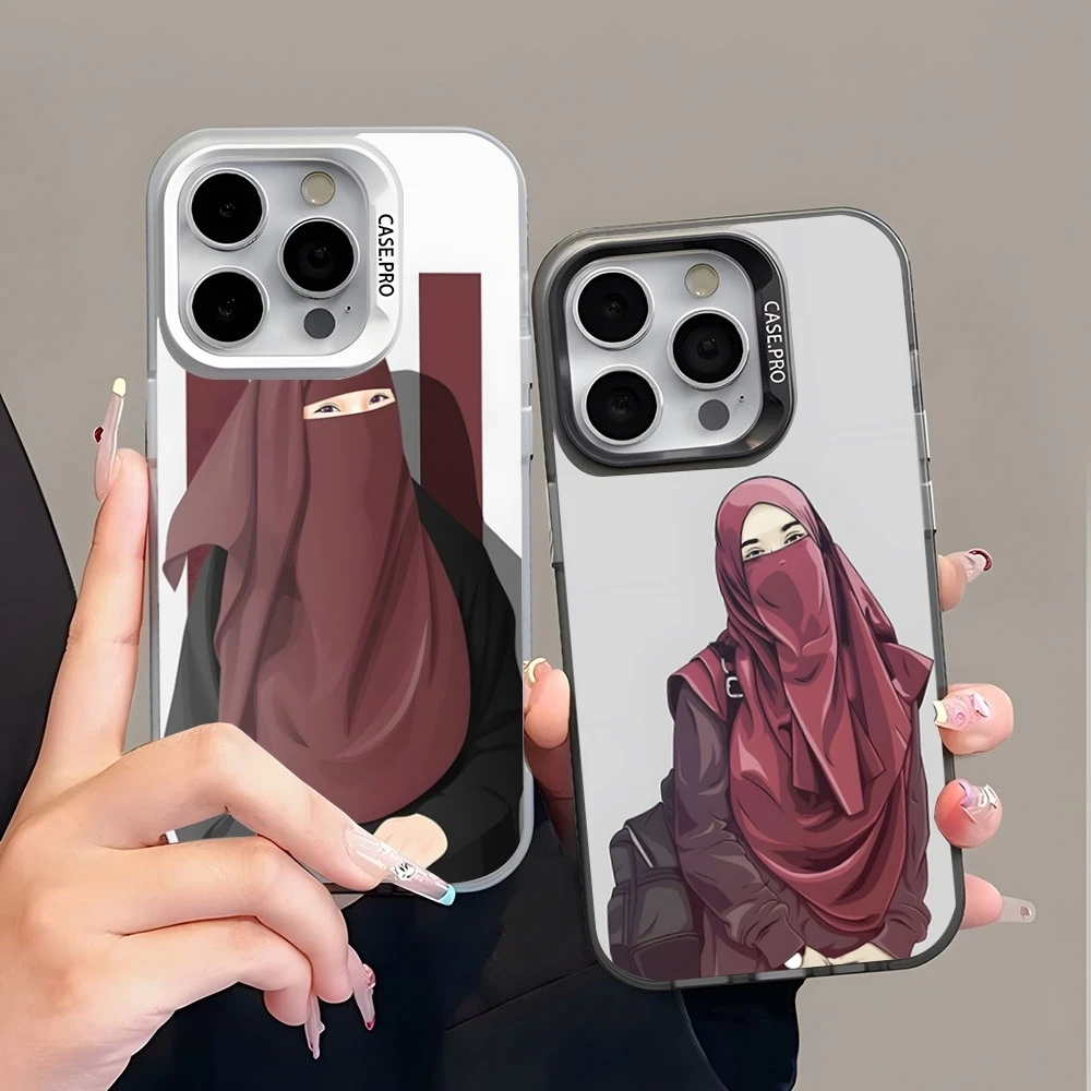 Muslim Islamic Arabic Hijab Face Gril Eyes Koran Phone Case Colored Silver Trendy Phone Case For IPhone 16 15 14 13 12 Pro Max 1