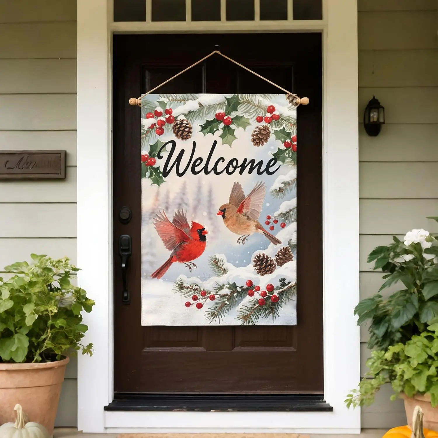 Welcome Winter House Flag 28x40 Inch Cardinal Bird Xmas Holiday Seasonal Theme Decorative Garden Flags for Outside Double Si SSL