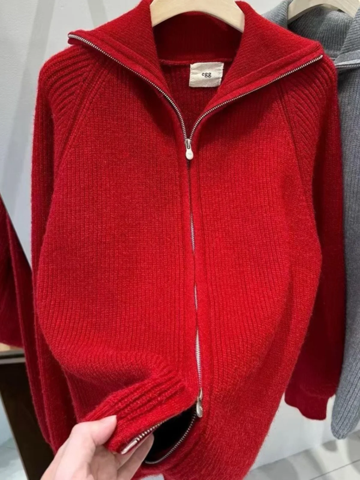 Korean Sle Loose Fit Double Zipper Knitted Jaet Thiened Heavy Egg Polyester Fiber Long Sve Cardigan Women's Outerwear