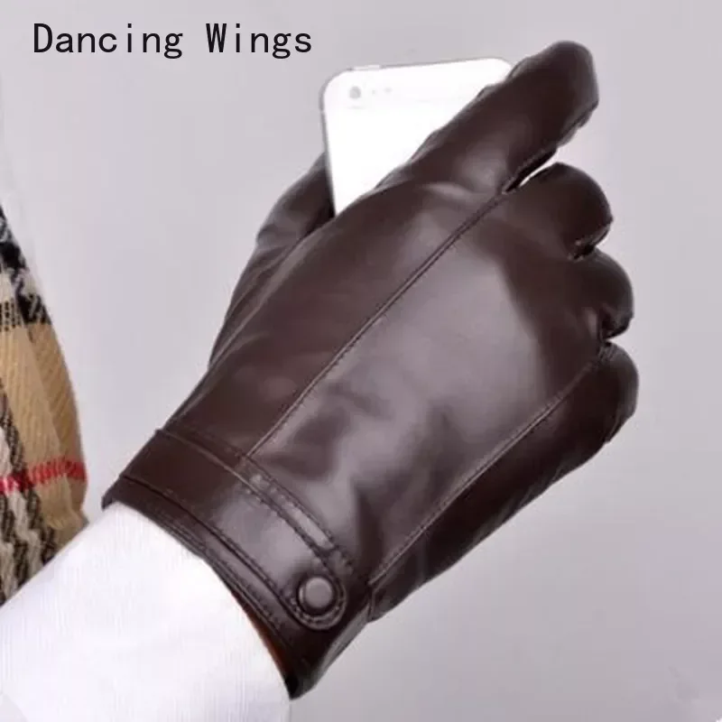 Men Gloves Sheepskin Winter Warm Driving Gloves High Quality Black Red Real Genuine Leather Mittens Wrist Gloves