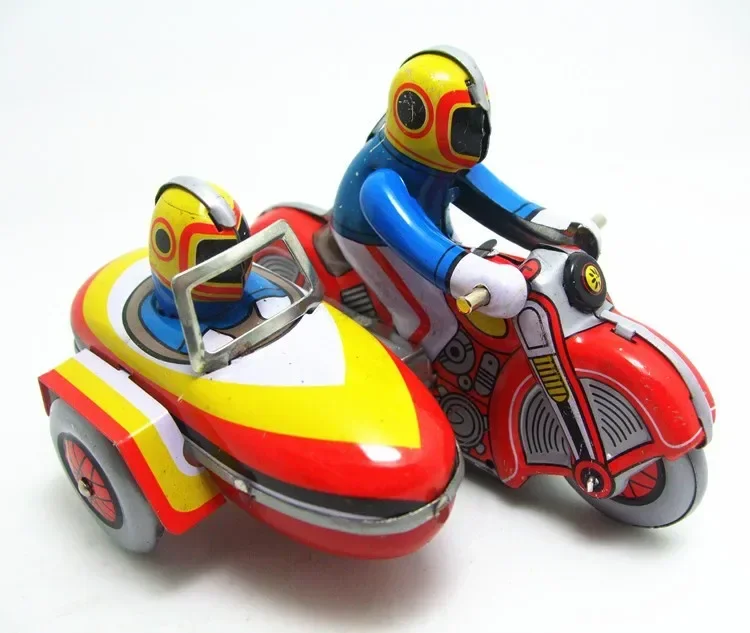 Brinquedo retrô clássico de motocicleta metal, coleção clássica, relógio, corda, estanho, três rodadas de motocicleta, presente para crianças