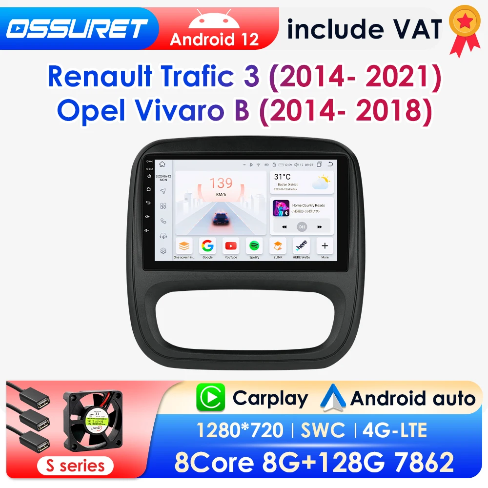 2 Din Android12 Car Radio for Renault Trafic 3 Opel Vivaro B Android 12 Multimedia Player GPS Navigation Stereo RDS 4G Carplay