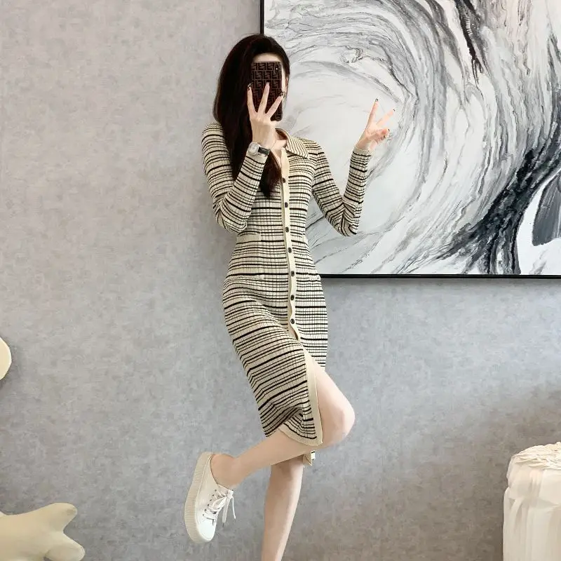 Autumn Winter French Elegant Stretch Slim Knitted Pleated Dress Long Sleeve Single Breasted Thick Warm Sweater Midi Shirts CQ218