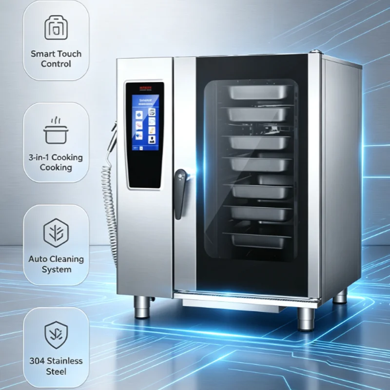 Commercial Bakery Combi Oven 10 Trays Electric 11kW 380V Three Phase Multifunctional Universal Steam Oven Touch Control Cool