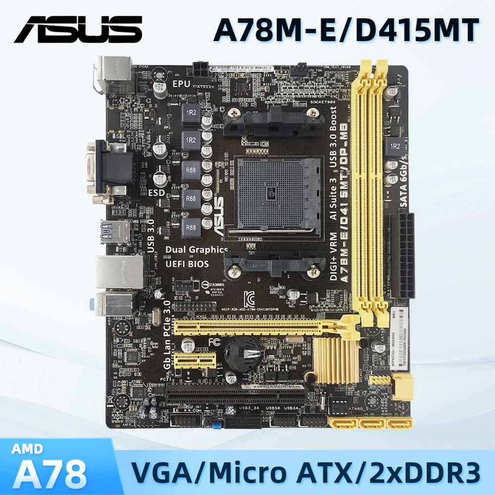 

ASUS A78M-E/D415MT/DP_MB Used Motherboard FM2+ socket for AMD A-Series/Athlon Series Processors 2x DIMM Max. 32GB DDR3 Micro ATX