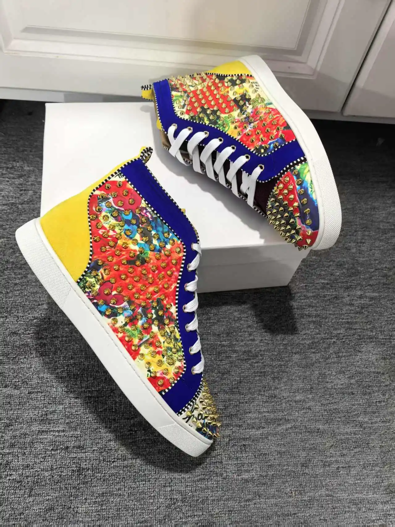 Rivet Patchwork Casual Shoes Sneaker Round Toe Lace-Up Men Shoes Genuine Leather New Style Comfort Autumn High Top Flat Shoes
