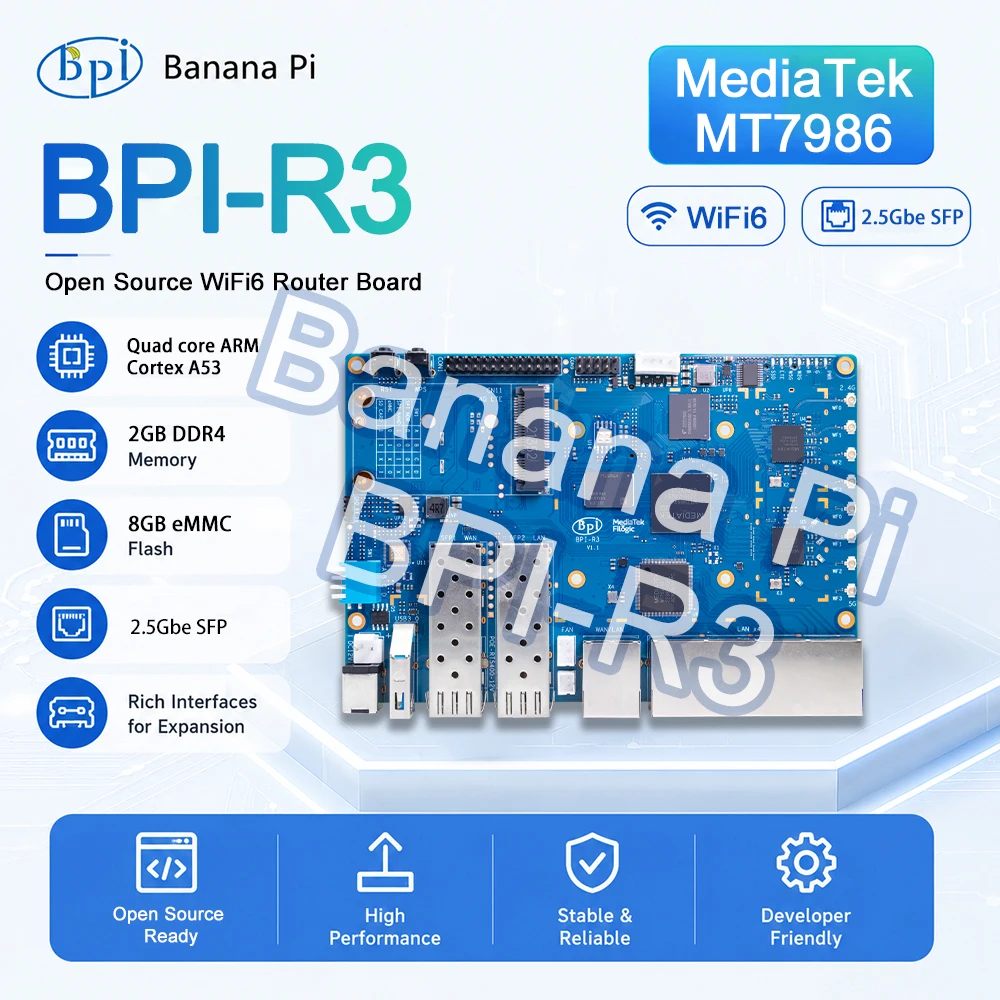 BPI-R3 MediaTek MT7986 Quad Core Processor Motherboard 2G DDR4 8G eMMC Flash Openwrt Open source Smart Router Board
