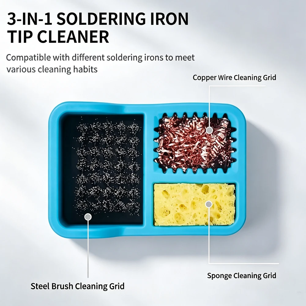 Solder Tips Cleaner Soldering Iron Cleaner Solder Sponge and Brass Wool and Dense Cleaning Steel Brush in Silicone Holder