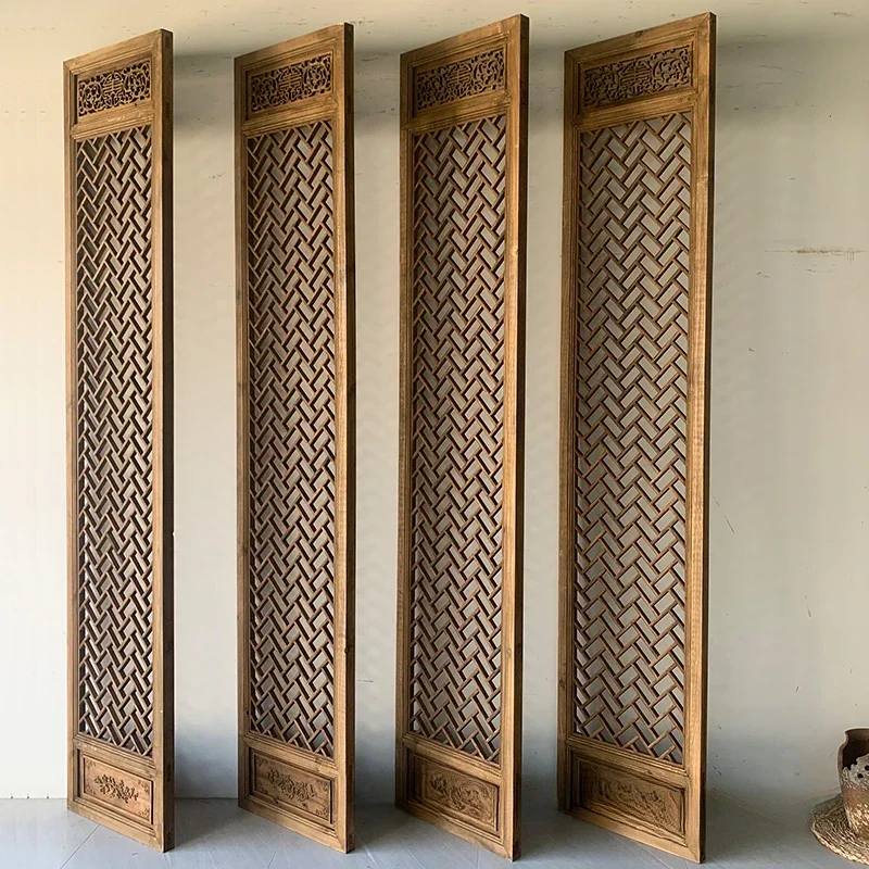 Chinese solid wood hollow lattice antique partition screen old tea room background wall wood carving doors and windows