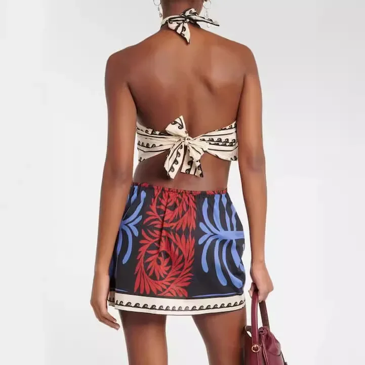 

Sexy Suspender 2025 Printed Mini Dress Summer Hollow Off-shoulder Bohemian Dress Women's Fashionable Lace-up Backless Skirt