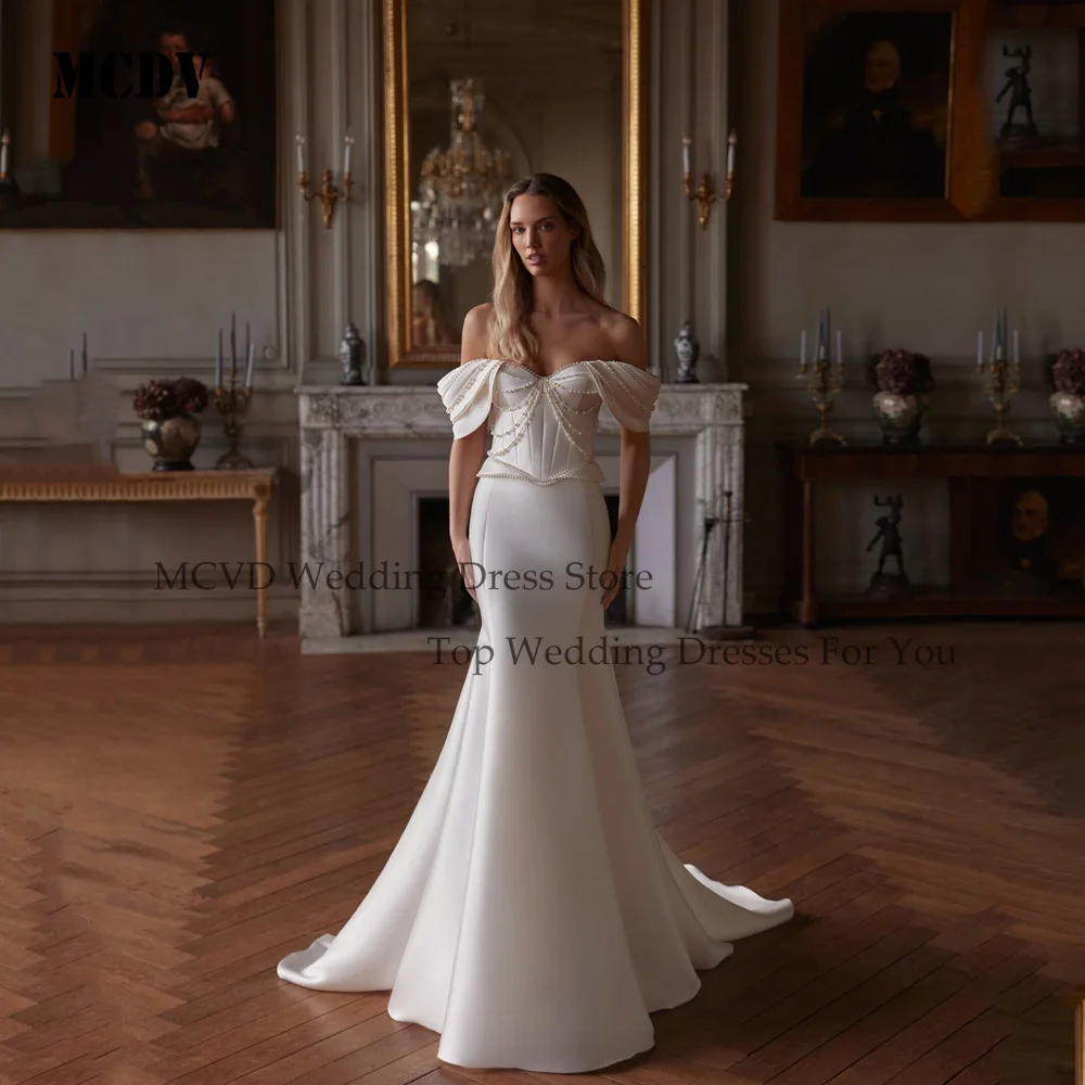 

MCDV Beading Satin Wedding Dresses Off Shoulder Mermaid Sweetheart Bride Party Gowns Sweep Train robe de mariée 2025 Customized