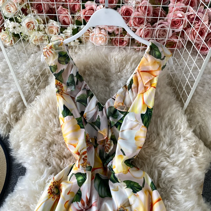 

2023 Summer Runway Bodycon Mermaid Vestidos Women's Sleeveless V-Neck V Back Flower Print Ruffles Yellow Party Tank Dress