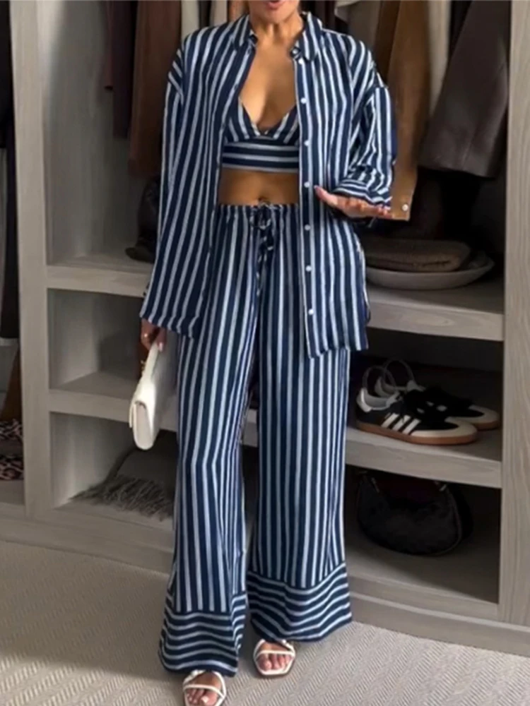 

Striped 3 Piece Set Women V-neck Crop Vest Turn-down Collar Full Sleeve Button Skirt Loose Lace Up Long Pants Lady Casual Suit