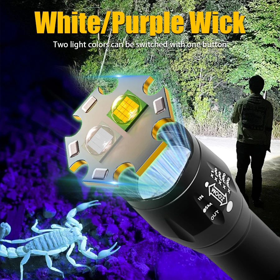 C2 USB Rechargeable Flashlight with Dual Light Sources White Light 395nm Ultraviolet Light Outdoor Camping Fishing Torch Lantern