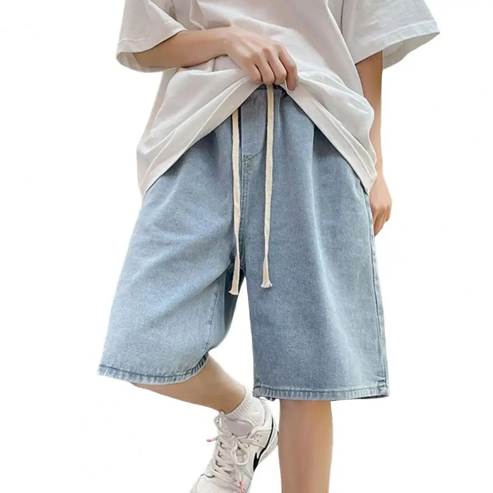 

Elastic Waistband Men Denim Shorts Wide Leg Men's Denim Shorts Elastic Waistband Adjustable Drawstring Casual Loose Fit Stylish