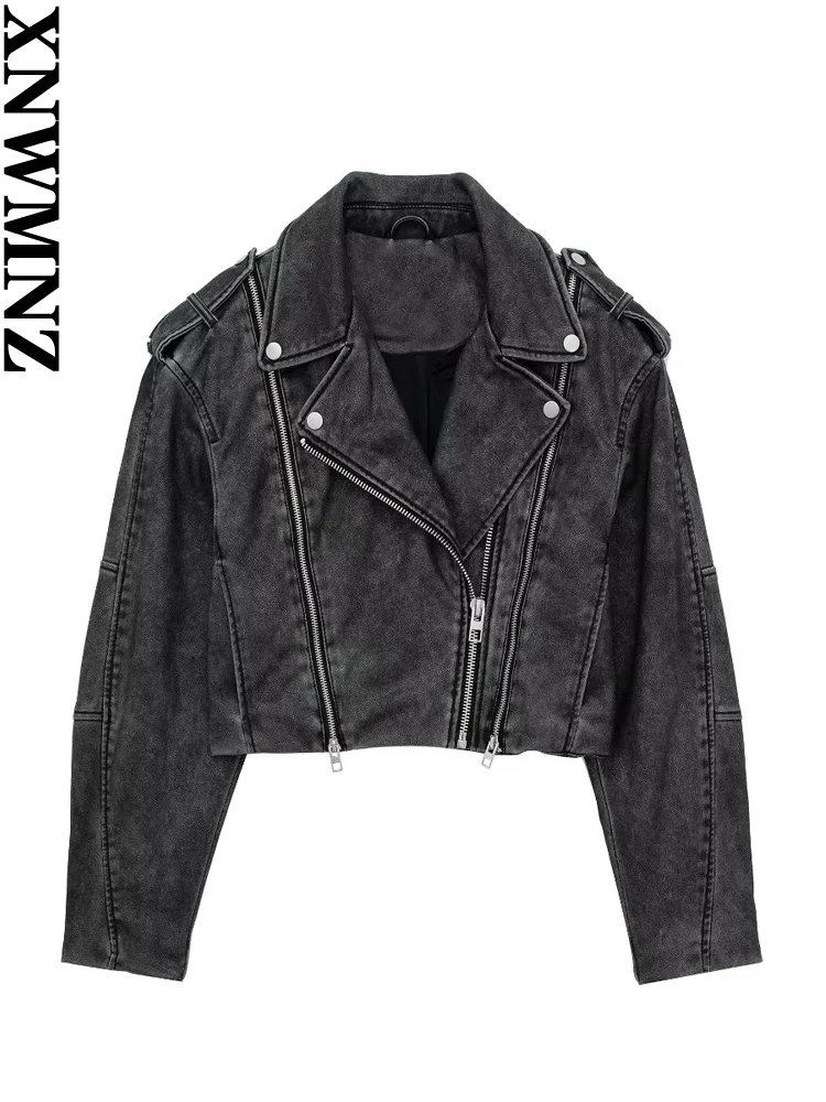 

XNWMNZ 2023 Women's Fashion Autumn/Winter Faux Leather Worn Effect Biker Jacket Women Retro Long Sleeve Zipper Female Coat