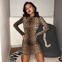 Autumn Hot Selling New Women's Leopard Print Tiger Print High Turtleneck Long Sleeve Bodycon Party Short Mini Dress Sexy Dress