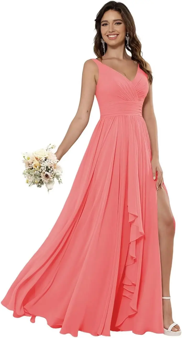 Damen-Brautjungfernkleider aus Chiffon mit Rüschen, V-Ausschnitt, lang, mit Taschen, A-Linie, formelle Kleider mit Schlitz, Abendkleider