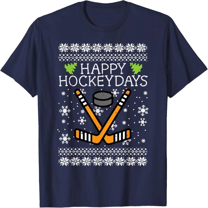 Happy Hockeydays Ugly Christmas Letters Printed T-shirt Tops Xmas Cool Hockey Men Boys Trending T-Shirt Regular Short Sleeve