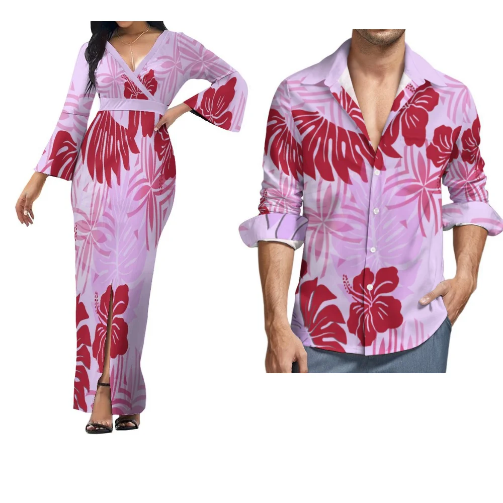 Samoa Women'S Club Long Sleeve Slit Temperament Slim Dress Men'S Long Sleeve Shirt Custom Polynesian Pattern Couple Set 2024 New