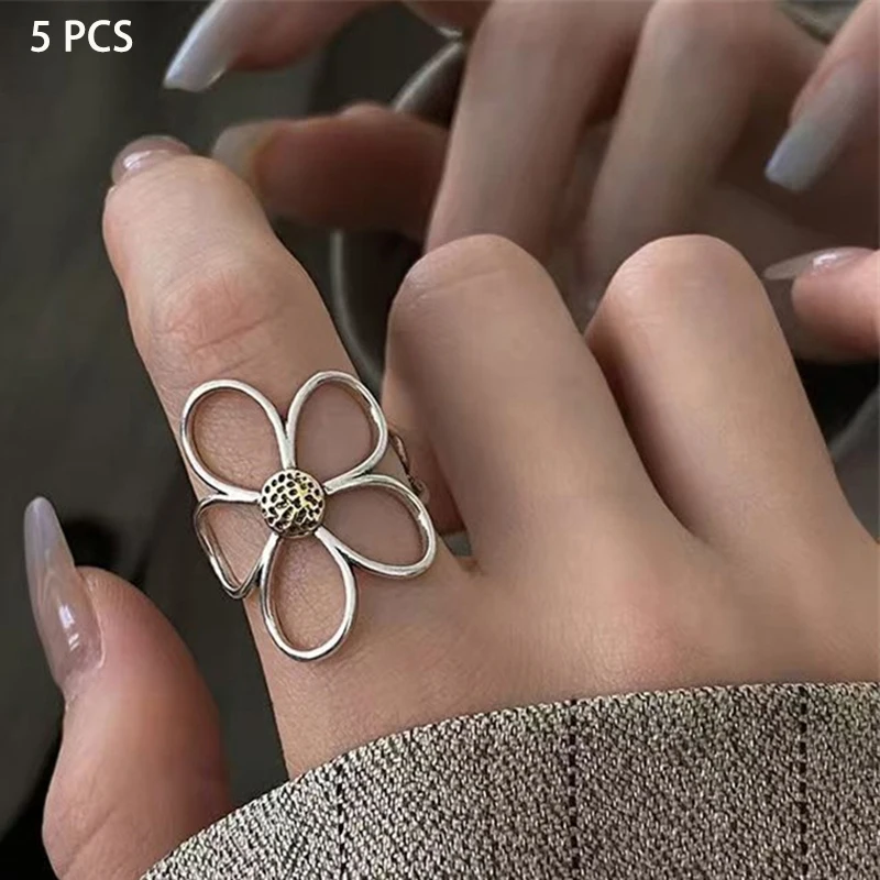 

5Pcs Women's Flower Rings Set Bohemian Style Hollow Fashion Jewelry Accessories Gifts Simple Lovely Girls' Ring Collection
