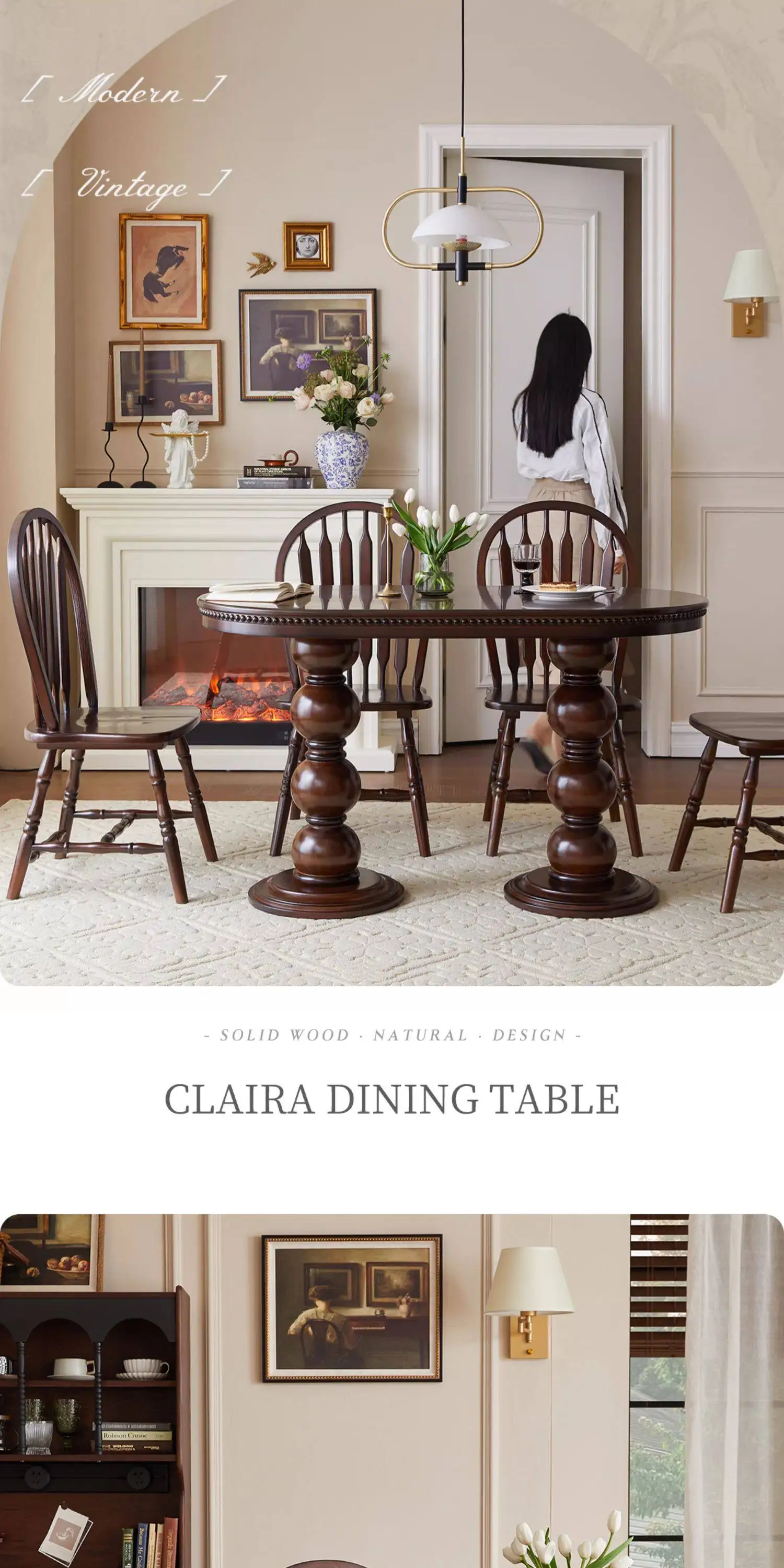 YFY French solid wood dining table and chair combination living room home oval dining table  retro Roman column dining table