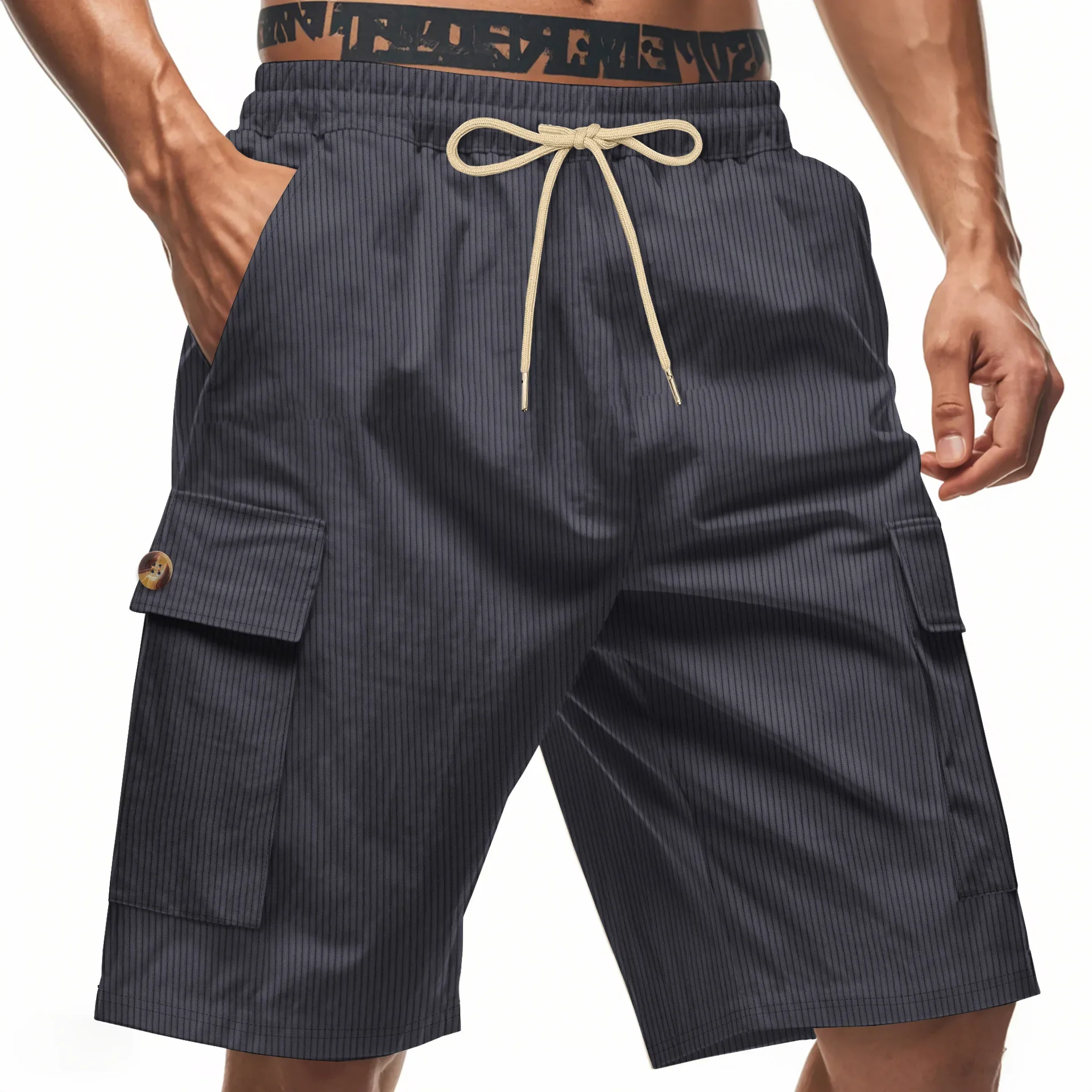 Summer New Fashion Men's Multi Pocket Drawstring Solid Color Loose Wide Leg Shorts Casual Trendy American Style Shorts Male