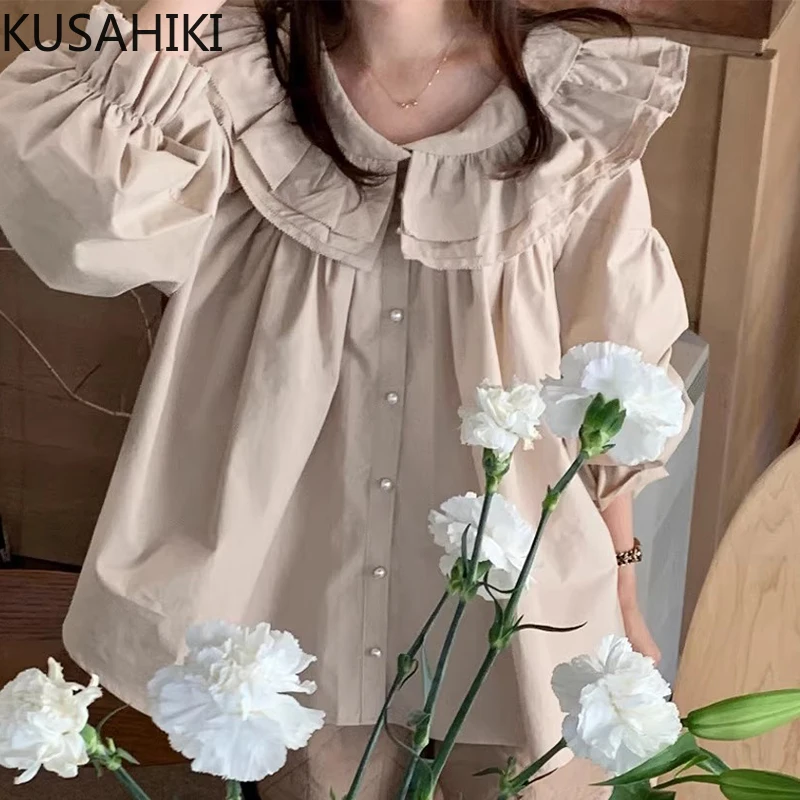 KUSAHIKI Korean Chic Autumn Sweet Double Peter Pan Collar Pearl Single Breasted Lantern Sleeve Shirt for Women Camisas De Mujer