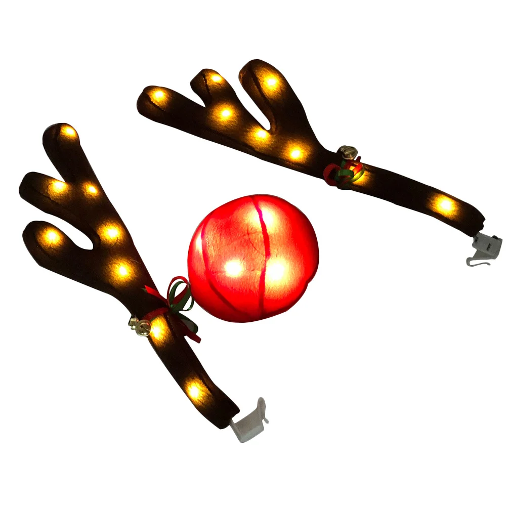 

1Set LED Car Reindeer Antlers Christmas Decoration Kit Rudolph Red Nose Xmas Auto Accessories Festive Car Ornament