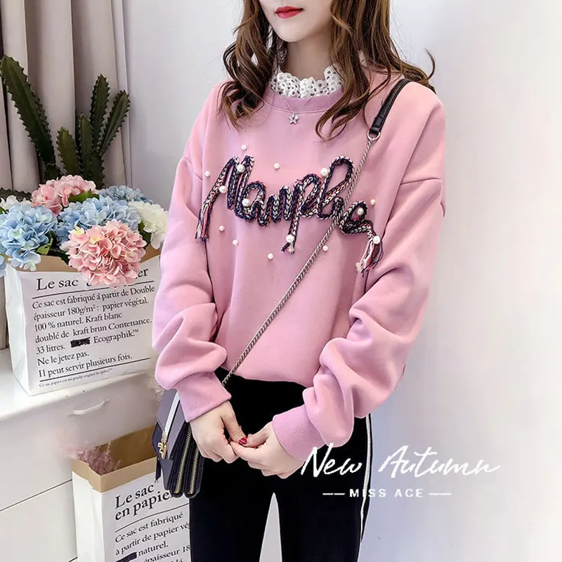 Female Clothing Casual 3D Letter Sweatshirts Fashion Pearl Beading Spring Autumn Korean Loose O-Neck Lace Patchwork Pullovers