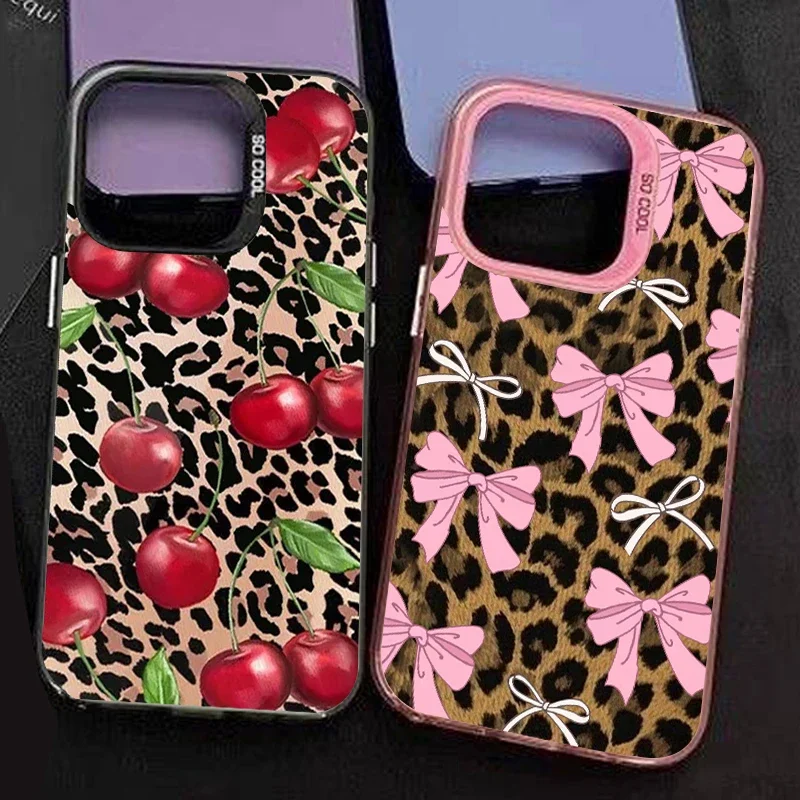 Red Cherry Bow Phone Case for Iphone 16 11 13 14 Pro Max 15 14 Plus Max 12 13 Mini Brown Leopard Pattern Cover Fundas Shells