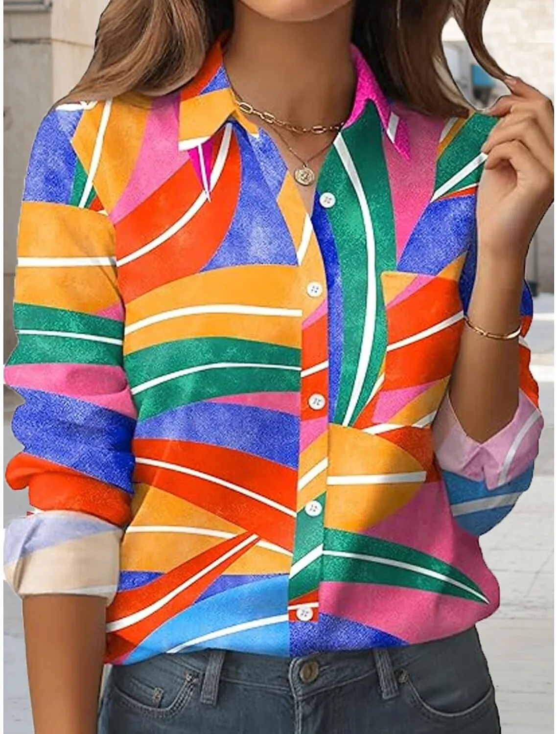 

2025 женские рубашки, блузка с геометрическим рисунком, современная блузка с воротником с лацканами, женские рубашки с длинными рукавами, женская одежда, женская одежда