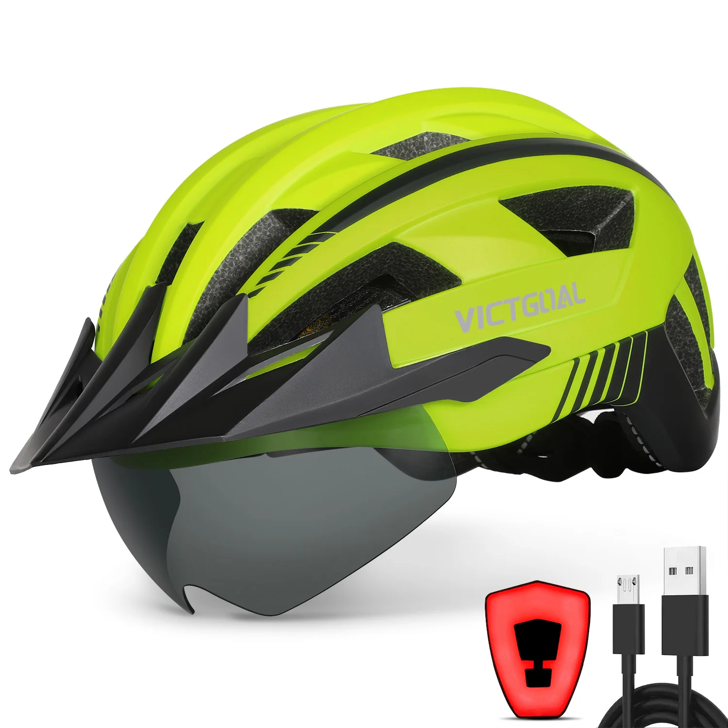 VICTGOAL USB-Licht Fahrradhelme für Erwachsene MTB Fahrrad-Sicherheitshelme mit Schutzbrille Visier Herren Damen Rennrad Elektroroller Fahrradhelme
