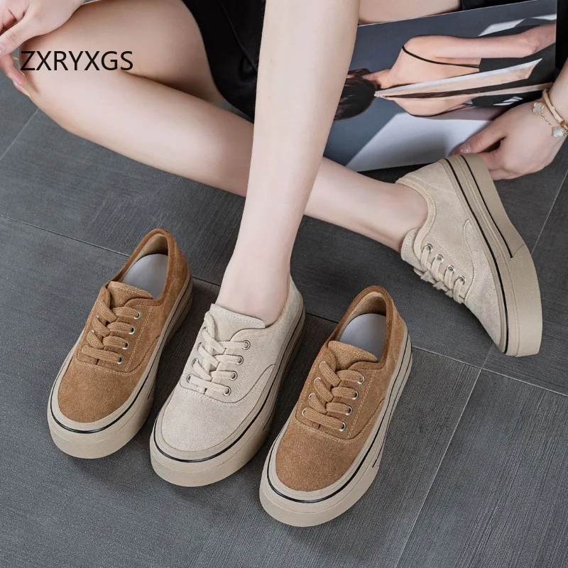 ZXRYXGS New Autumn Lace-up Frosted Cowhide Leather Sneaker Flat Platform Shoes Increase Comfortable Fashion Casual Sneakers 2026