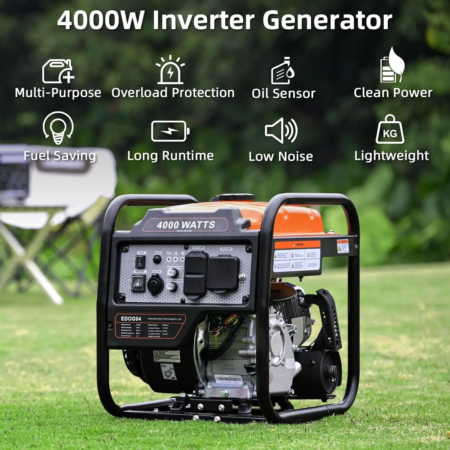 

4000 Watts Inverter Generator Gas Powered, Portable Open Frame Generator, Low Noise with ECO Mode and Inverter Technology