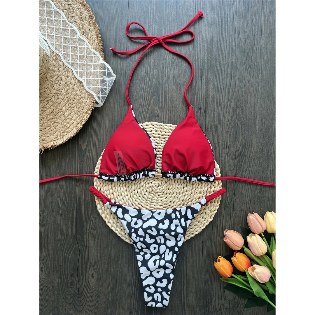 Leopard-Print-Bikini mit Neckholder und Scrunch-Design, Damen-Badeanzug, zweiteiliges Bikini-Set, Badebekleidung, Badeanzug, Modell V6065. – Detail 10