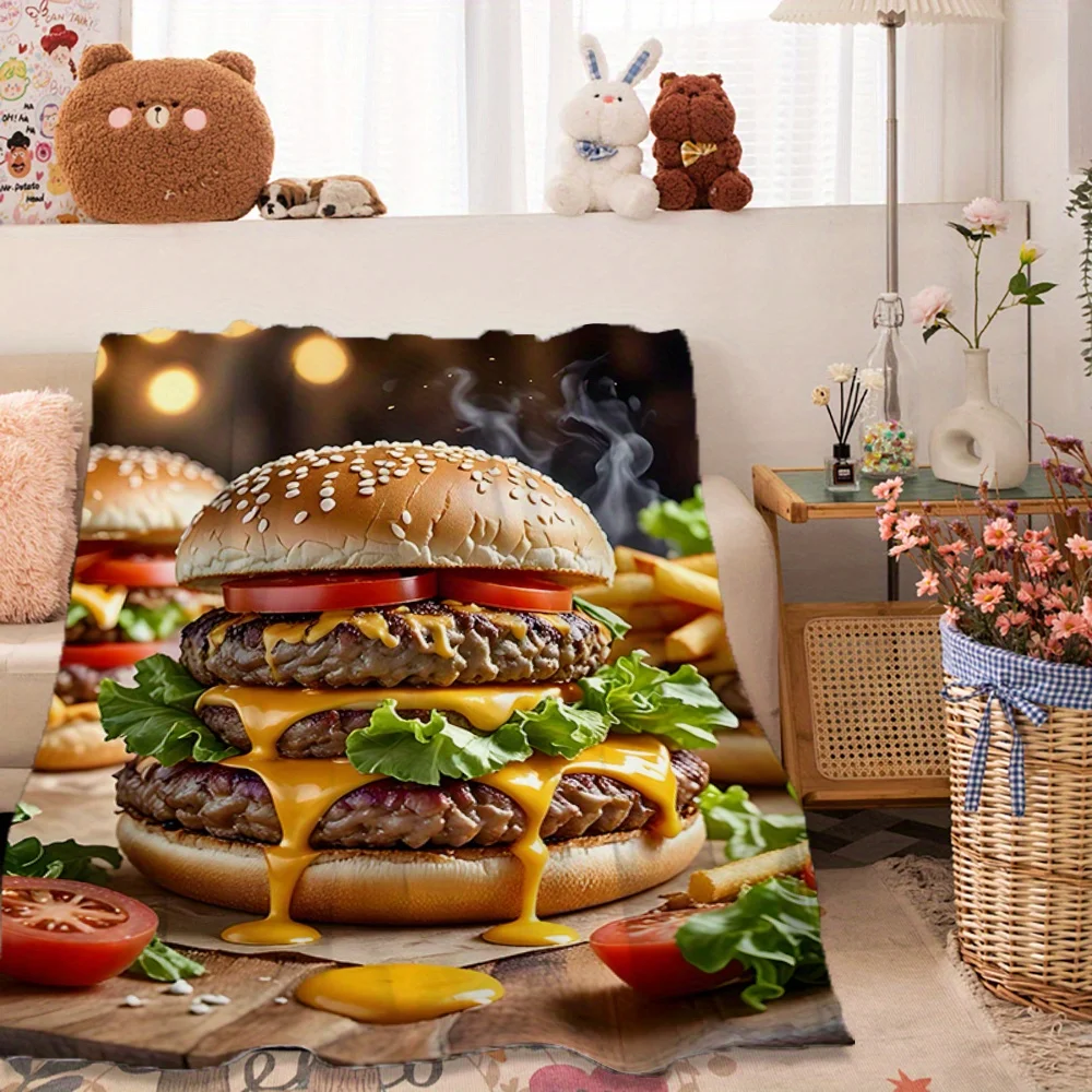 Delicious hamburger pattern Flannel printed blanket suitable for all seasons suitable for living room office sofa and travel